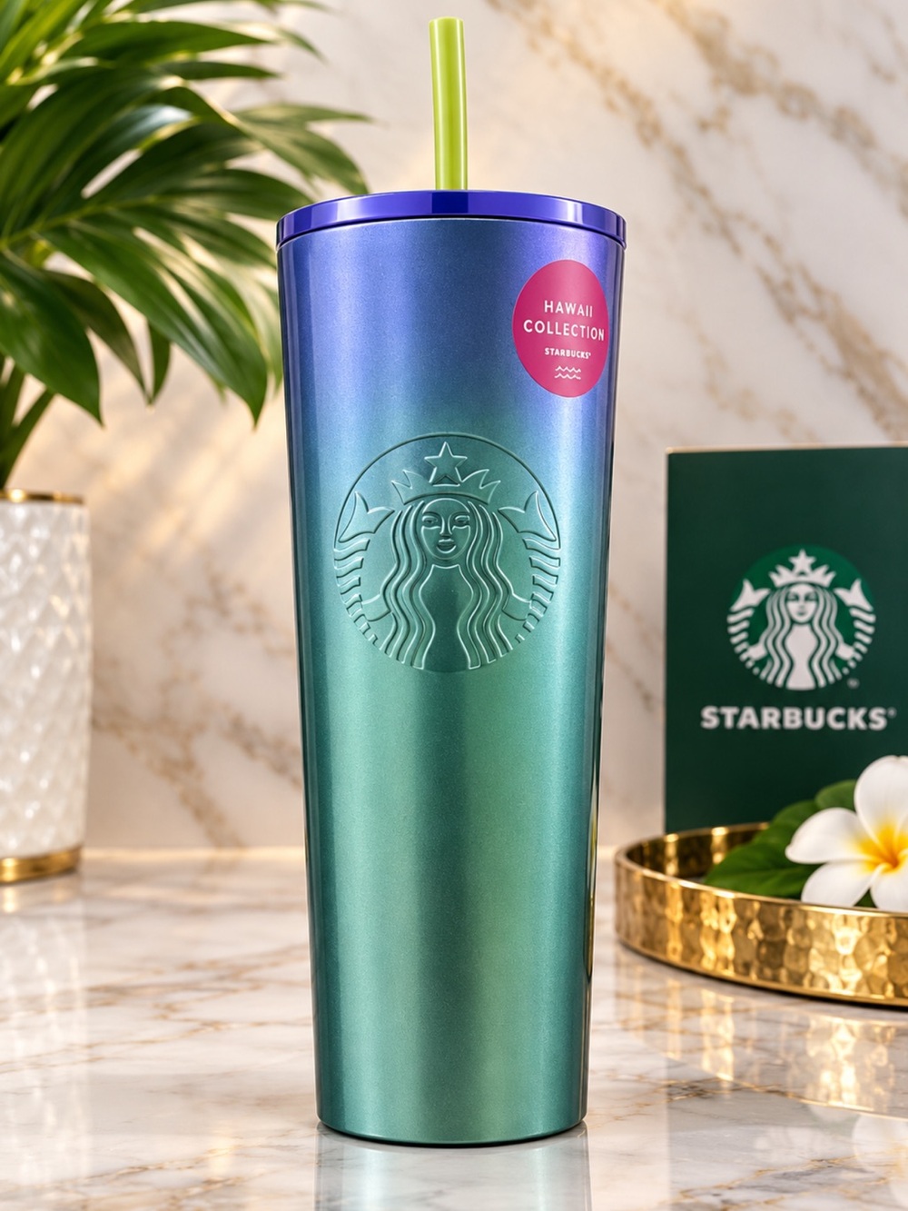 NWT-Hawaii only Starbucks Metallic Teal Travel Tumbler with turtles on top